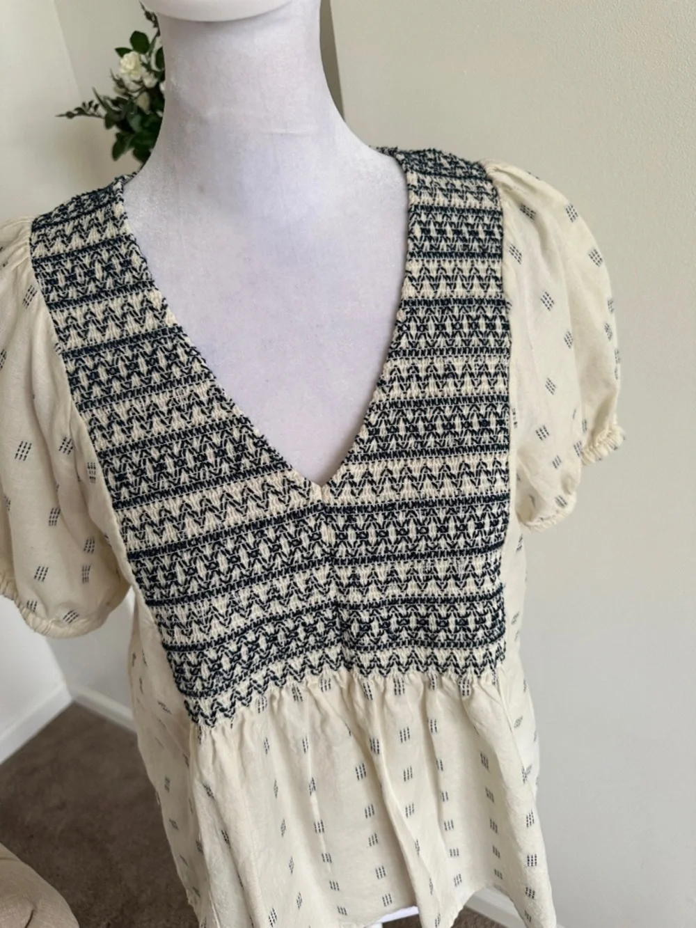 Madewell Cream Blouse with Black Smocked V-Neck
